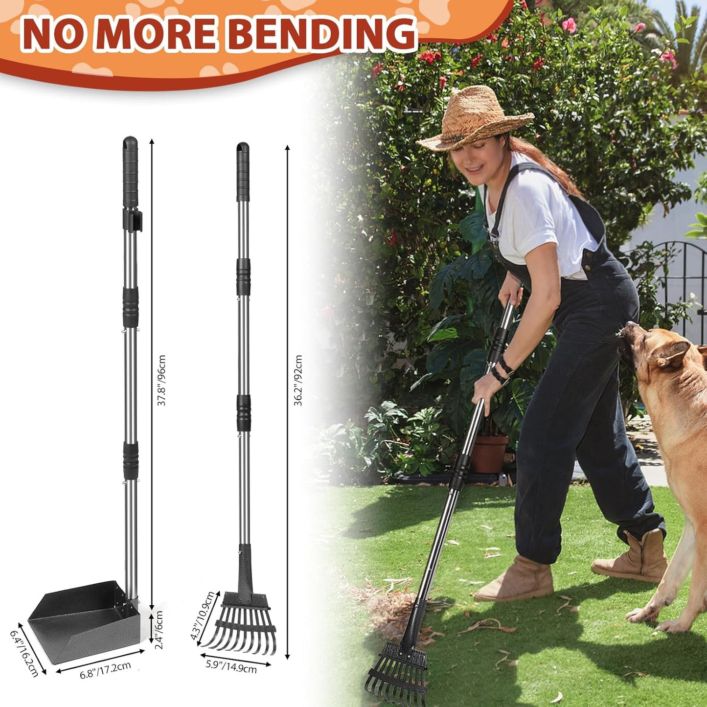 YGNNXRN Hundekotschaufel Set mit 96 cm langem Griff – Abnehmbares Metalltablett, Rechen für große, mittelgroße & kleine Hunde – Hundekotentferner für Garten, Rasen, Erde oder Kies