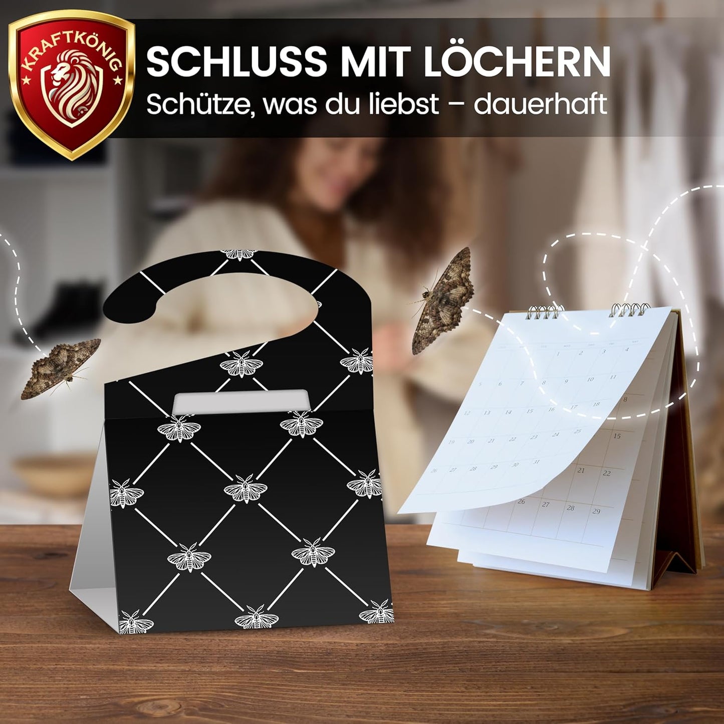 KRAFTKÖNIG Premium Mottenfalle Kleidermotten - 8X Kleidermottenfalle mit Langzeitwirkung - Auch für Kleiderstangen geeignet - geruchlose Kleider Mottenfalle gegen Kleidermotten - Made in Germany