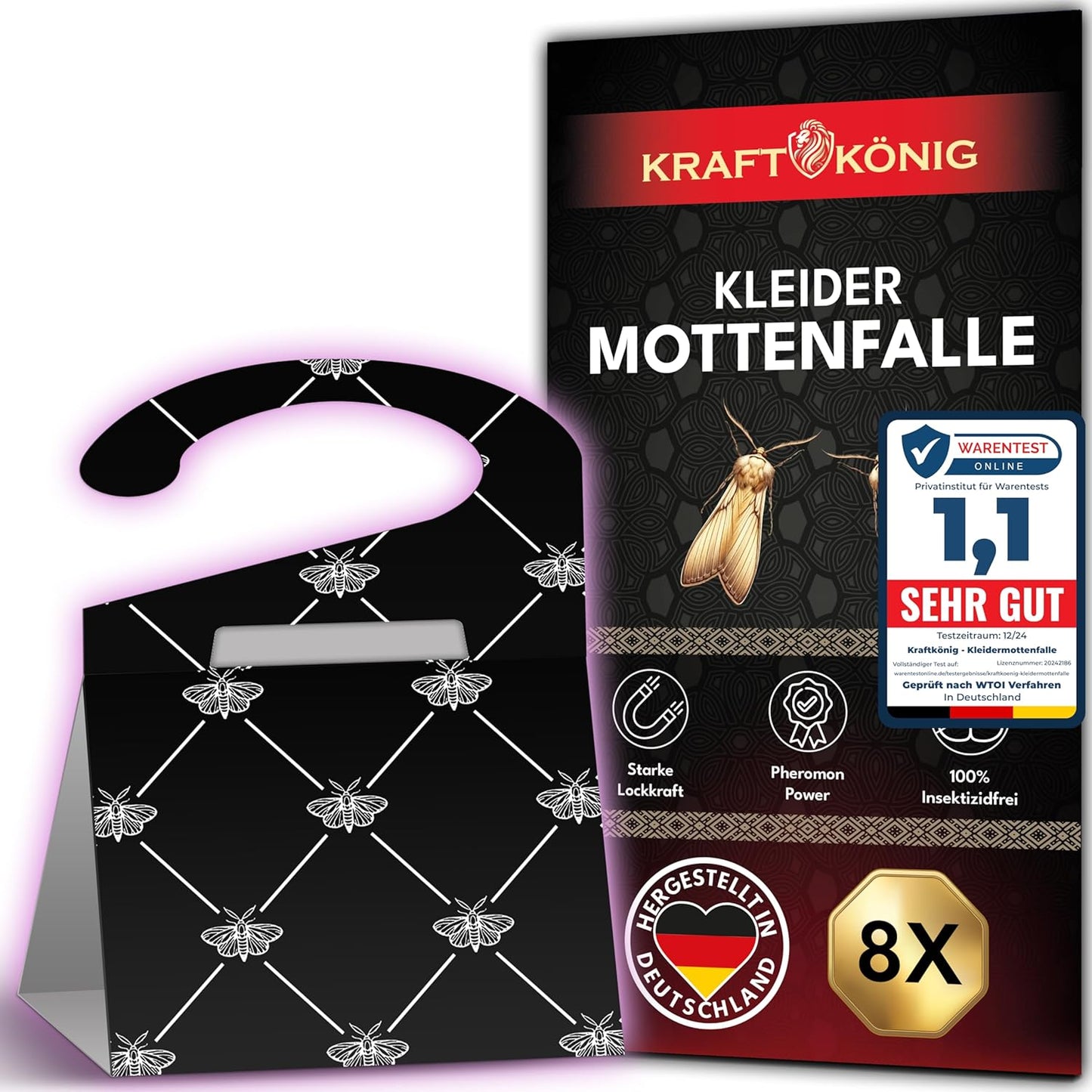KRAFTKÖNIG Premium Mottenfalle Kleidermotten - 8X Kleidermottenfalle mit Langzeitwirkung - Auch für Kleiderstangen geeignet - geruchlose Kleider Mottenfalle gegen Kleidermotten - Made in Germany