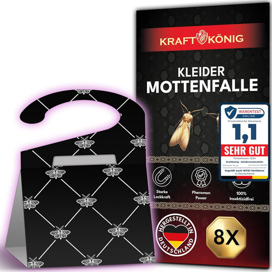 KRAFTKÖNIG Premium Mottenfalle Kleidermotten - 8X Kleidermottenfalle mit Langzeitwirkung - Auch für Kleiderstangen geeignet - geruchlose Kleider Mottenfalle gegen Kleidermotten - Made in Germany