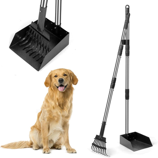 YGNNXRN Hundekotschaufel Set mit 96 cm langem Griff – Abnehmbares Metalltablett, Rechen für große, mittelgroße & kleine Hunde – Hundekotentferner für Garten, Rasen, Erde oder Kies