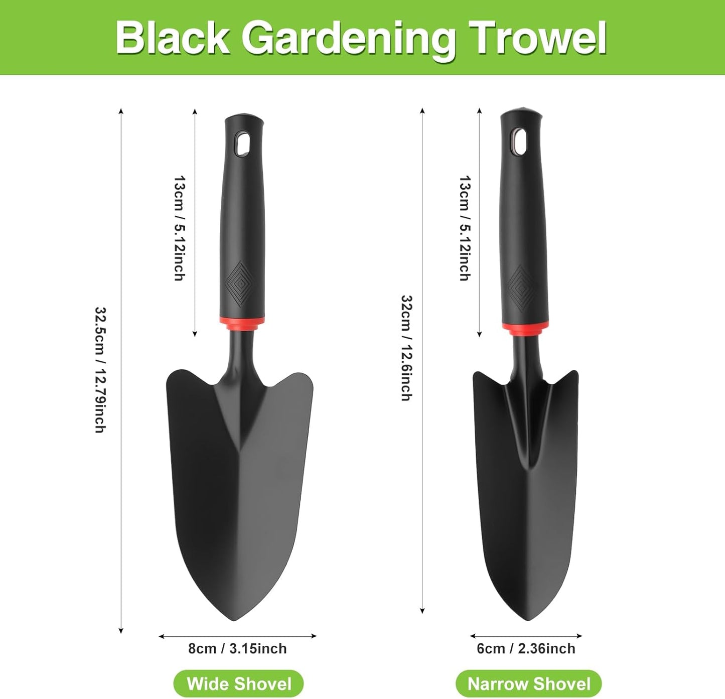 msymsyu Gartenschaufel 2 Stück Schwarzer Breiter Blumenkelle (32.5 x 8 cm) x 1 und Schmaler Pflanzschaufel (32 x 6 cm) x 1 Gartenschaufel klein zum Umpflanzen von Setzlingen Jäten und Auflockern