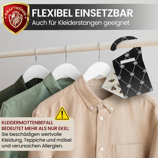 KRAFTKÖNIG Premium Mottenfalle Kleidermotten - 8X Kleidermottenfalle mit Langzeitwirkung - Auch für Kleiderstangen geeignet - geruchlose Kleider Mottenfalle gegen Kleidermotten - Made in Germany
