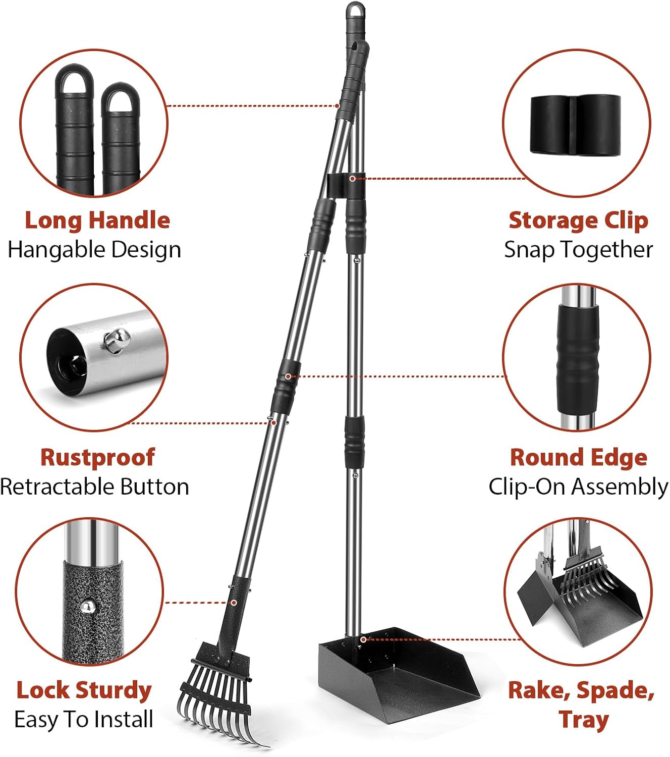 YGNNXRN Hundekotschaufel Set mit 96 cm langem Griff – Abnehmbares Metalltablett, Rechen für große, mittelgroße & kleine Hunde – Hundekotentferner für Garten, Rasen, Erde oder Kies