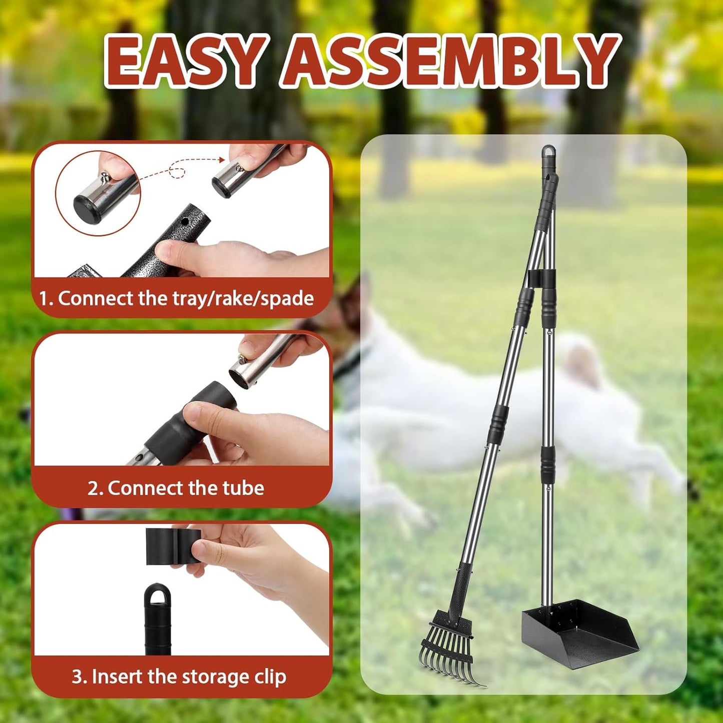 YGNNXRN Hundekotschaufel Set mit 96 cm langem Griff – Abnehmbares Metalltablett, Rechen für große, mittelgroße & kleine Hunde – Hundekotentferner für Garten, Rasen, Erde oder Kies