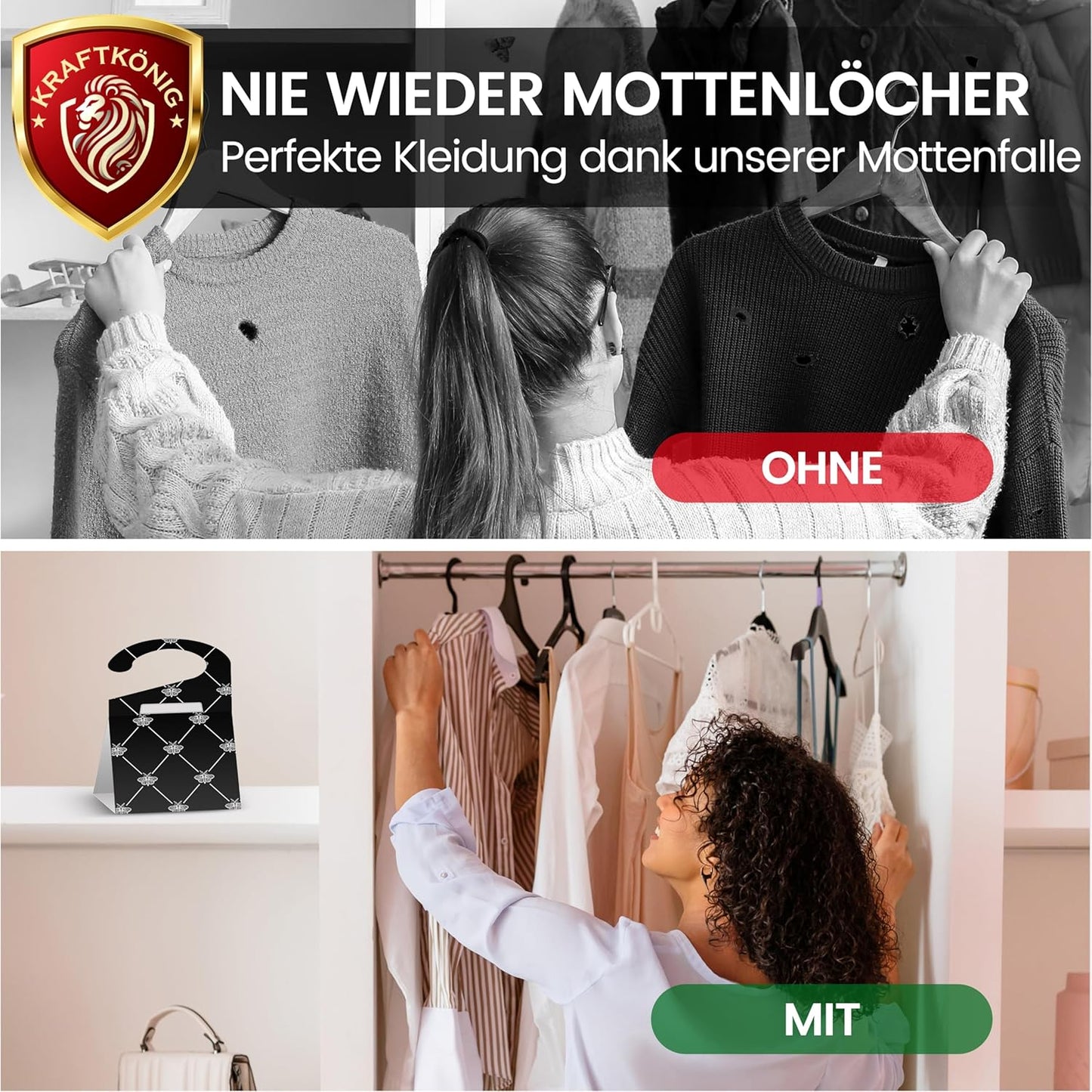 KRAFTKÖNIG Premium Mottenfalle Kleidermotten - 8X Kleidermottenfalle mit Langzeitwirkung - Auch für Kleiderstangen geeignet - geruchlose Kleider Mottenfalle gegen Kleidermotten - Made in Germany