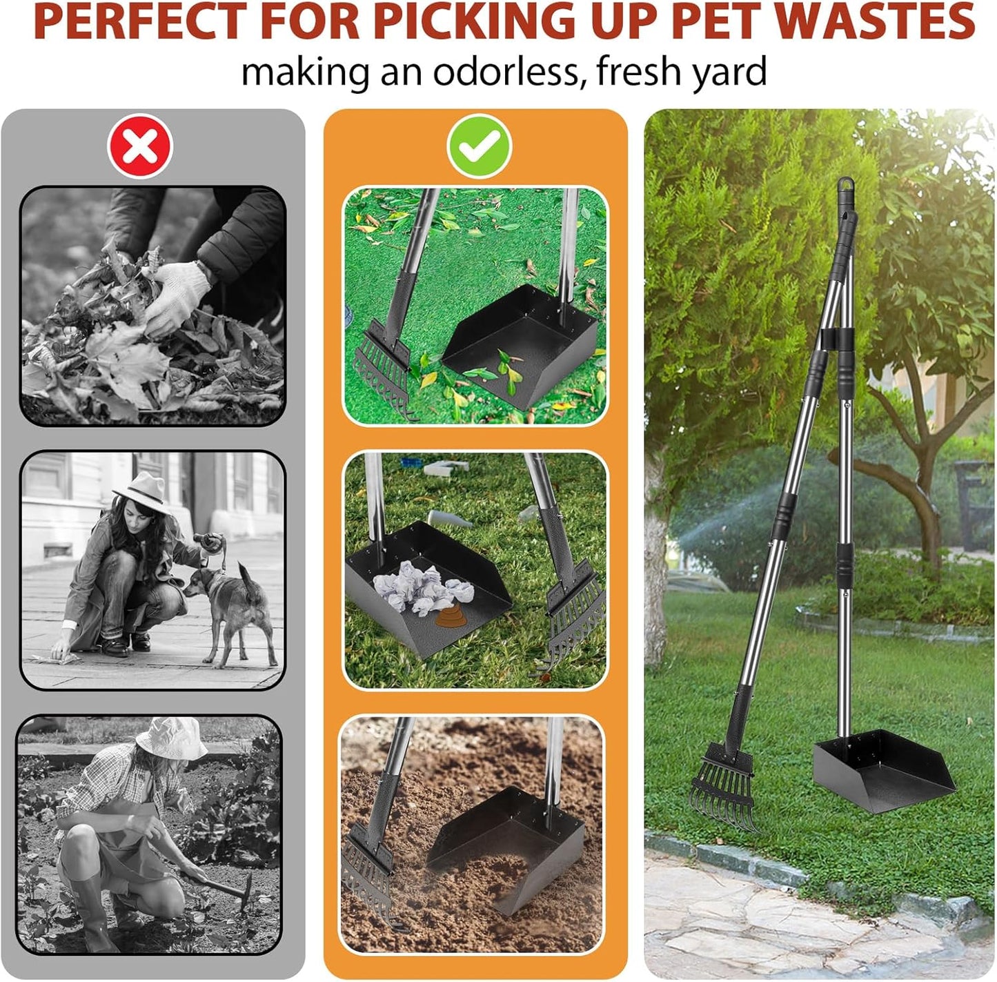 YGNNXRN Hundekotschaufel Set mit 96 cm langem Griff – Abnehmbares Metalltablett, Rechen für große, mittelgroße & kleine Hunde – Hundekotentferner für Garten, Rasen, Erde oder Kies