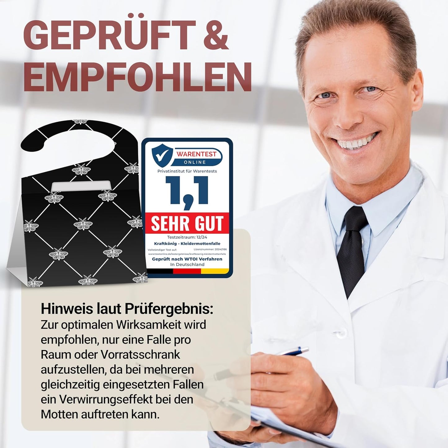 KRAFTKÖNIG Premium Mottenfalle Kleidermotten - 8X Kleidermottenfalle mit Langzeitwirkung - Auch für Kleiderstangen geeignet - geruchlose Kleider Mottenfalle gegen Kleidermotten - Made in Germany