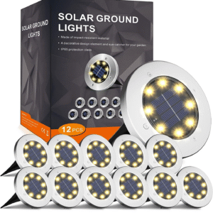 FLOWood Solar Bodenleuchte – 12er Set Solarleuchten für Garten, wasserdicht, 8 LEDs, Warmweiß, Edelstahl & Kunststoff, Energieklasse A