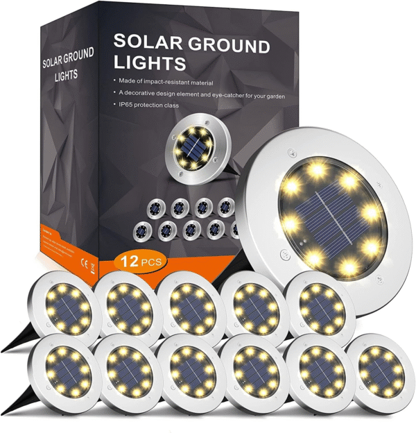 FLOWood Solar Bodenleuchte – 12er Set Solarleuchten für Garten, wasserdicht, 8 LEDs, Warmweiß, Edelstahl & Kunststoff, Energieklasse A