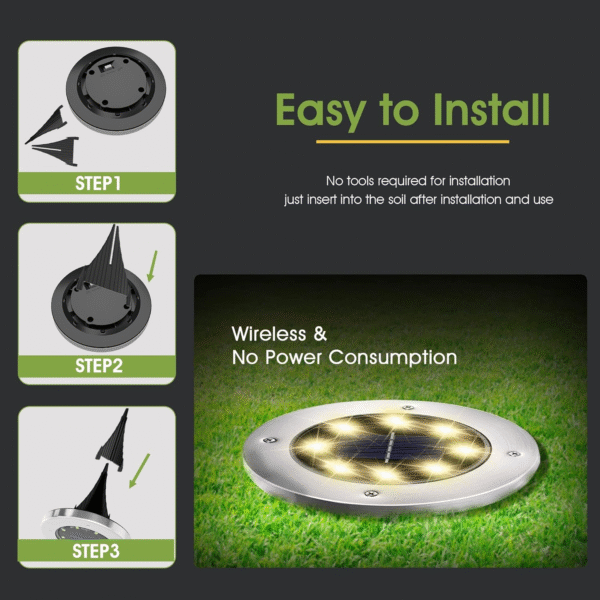 FLOWood Solar Bodenleuchte – 12er Set Solarleuchten für Garten, wasserdicht, 8 LEDs, Warmweiß, Edelstahl & Kunststoff, Energieklasse A – Bild 5