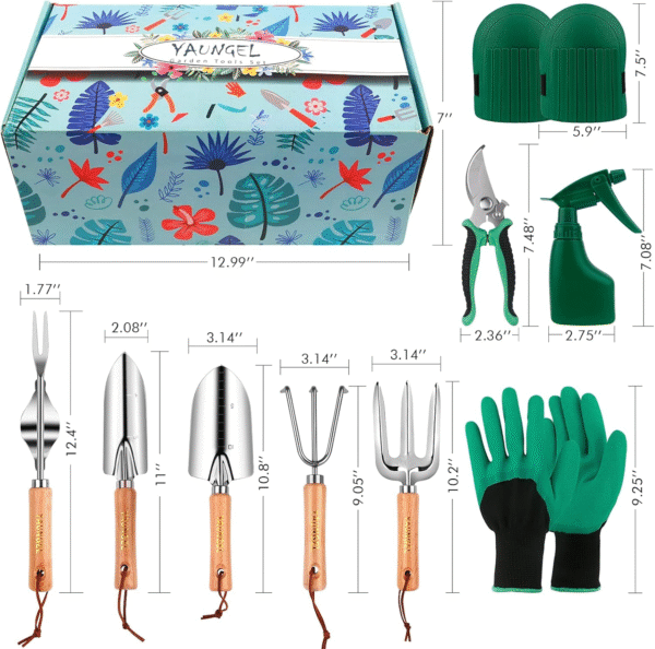 YAUNGEL Gartenwerkzeug Set – 10-teiliges Profi-Set aus Schwerlast-Edelstahl mit Holzgriff, inkl. Organizer-Tasche, Geschenkverpackung, Grün – Bild 6