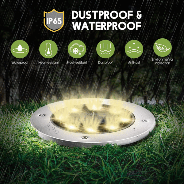 FLOWood Solar Bodenleuchte – 12er Set Solarleuchten für Garten, wasserdicht, 8 LEDs, Warmweiß, Edelstahl & Kunststoff, Energieklasse A – Bild 3