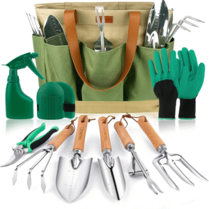 YAUNGEL Gartenwerkzeug Set – 10-teiliges Profi-Set aus Schwerlast-Edelstahl mit Holzgriff, inkl. Organizer-Tasche, Geschenkverpackung, Grün