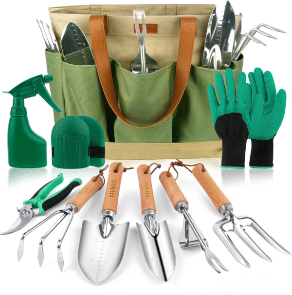 YAUNGEL Gartenwerkzeug Set – 10-teiliges Profi-Set aus Schwerlast-Edelstahl mit Holzgriff, inkl. Organizer-Tasche, Geschenkverpackung, Grün