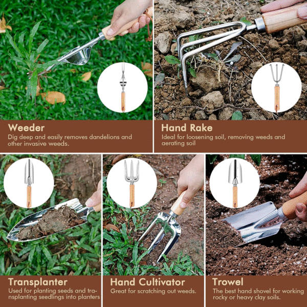 YAUNGEL Gartenwerkzeug Set – 10-teiliges Profi-Set aus Schwerlast-Edelstahl mit Holzgriff, inkl. Organizer-Tasche, Geschenkverpackung, Grün – Bild 5
