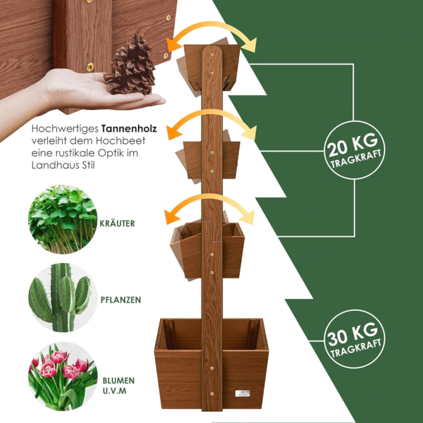KESSER® Hochbeet mit 4 Etagen – Premium Blumenkasten & Pflanztreppe aus robustem Tannenholz, Braun, inkl. Gartenvlies und Schaufelset – Bild 3