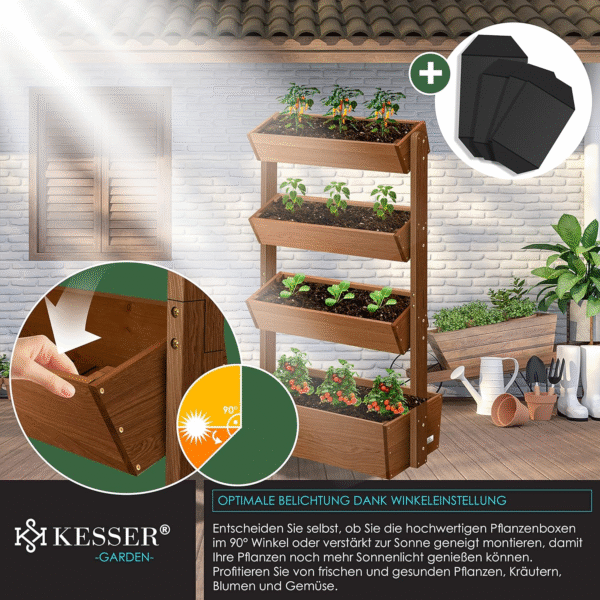KESSER® Hochbeet mit 4 Etagen – Premium Blumenkasten & Pflanztreppe aus robustem Tannenholz, Braun, inkl. Gartenvlies und Schaufelset – Bild 4