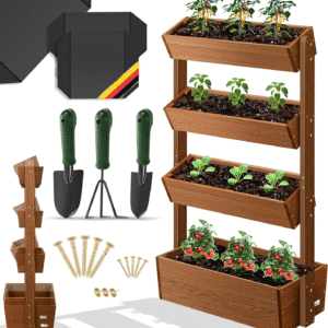 KESSER® Hochbeet mit 4 Etagen – Premium Blumenkasten & Pflanztreppe aus robustem Tannenholz, Braun, inkl. Gartenvlies und Schaufelset
