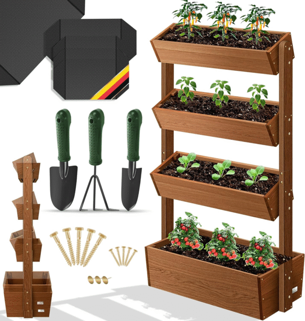KESSER® Hochbeet mit 4 Etagen – Premium Blumenkasten & Pflanztreppe aus robustem Tannenholz, Braun, inkl. Gartenvlies und Schaufelset