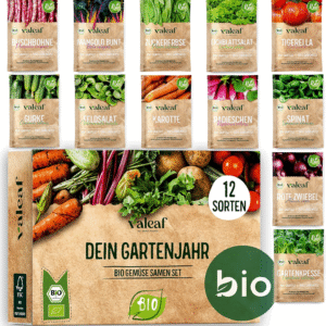 valeaf BIO Gartenjahr Samen Set – 12er Bio Gemüsesamen für Balkon, Hochbeet & Garten