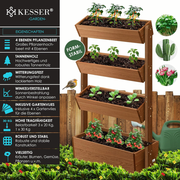 KESSER® Hochbeet mit 4 Etagen – Premium Blumenkasten & Pflanztreppe aus robustem Tannenholz, Braun, inkl. Gartenvlies und Schaufelset – Bild 6