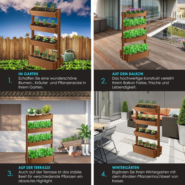 KESSER® Hochbeet mit 4 Etagen – Premium Blumenkasten & Pflanztreppe aus robustem Tannenholz, Braun, inkl. Gartenvlies und Schaufelset – Bild 5
