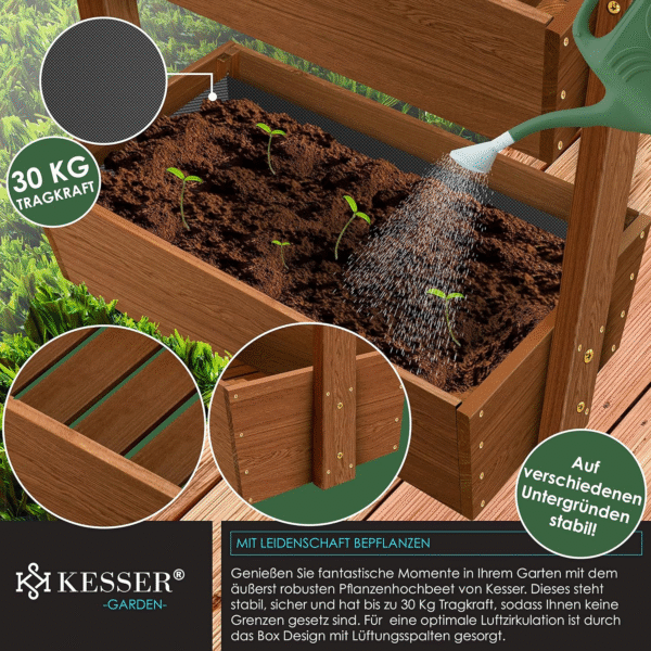 KESSER® Hochbeet mit 4 Etagen – Premium Blumenkasten & Pflanztreppe aus robustem Tannenholz, Braun, inkl. Gartenvlies und Schaufelset – Bild 2